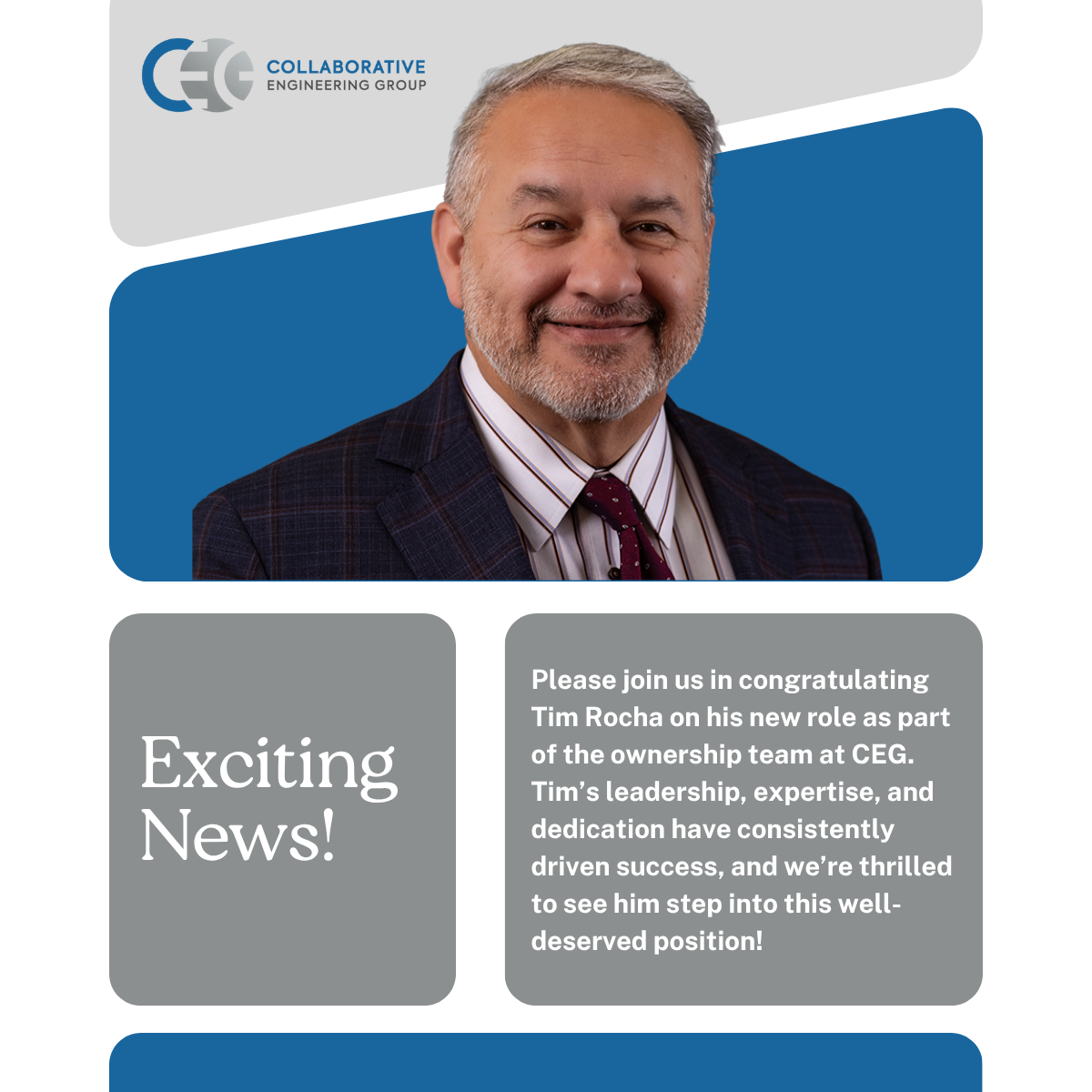 Tim Rocha Joins Ownership Team at CEG | Please join us in congratulating Tim Rocha on his new role as part of the ownership team at CEG. Tim's leadership, expertise, and dedication have consistently driven success, and we're thrilled to see him step into this well deserved position! | MEP Engineering Firm Houston | Collaborative Engineering Group